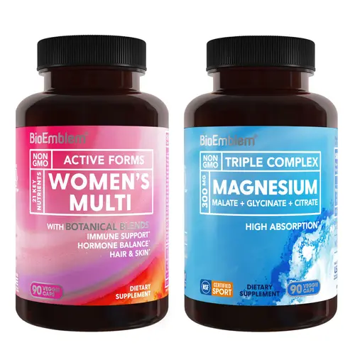 BioEmblem Women's Multivitamin & Triple Magnesium Complex Capsules - Dietary Selfcare Supplement for Body Health, 21 Key Nutrients, Active Forms, High Absorption, Zinc, B12 & B6, No Stearates, Non-GMO, Gluten-Free, Made in USA, Collagen Boost, B12 & B6 Vi