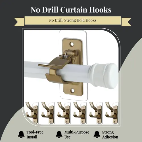 6-Pack No Drill Needed Curtain Rod Holders Brackets, Self Adhesive Rod Holder Hooks, Multipurpose Nail Free Stick on Curtain Rod Hooks-Transparent Rustic Brown,dorm essentials,home decor