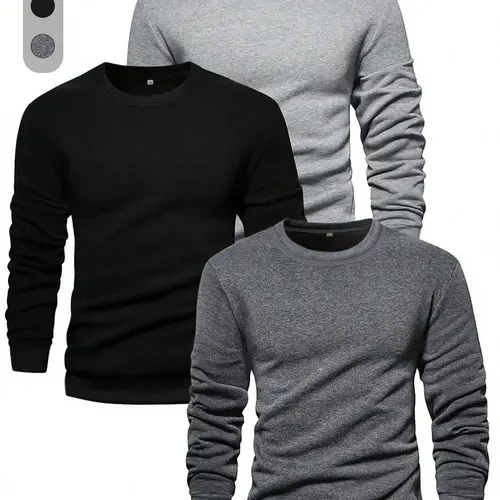 Men's Solid Plain Long Sleeve Crew Neck T-shirt, Fitted Casual Regular Fit Basic Classic Round Neck Tee Tops for Fall & Winter, Men's Clothes for Daily Wear Menswear