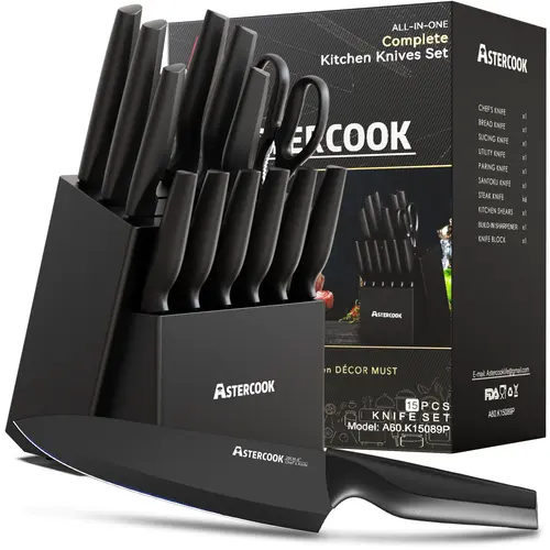 Astercook 15-Piece Knife Set with Built-in Sharpener, Stainless Steel, Dishwasher Safe, PP Handles, Hardwood Finish for Chopping and Dicing - Cutting Kitchen Kitchenware Modern Block Steak German