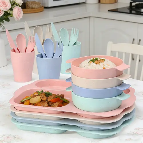 24 PCS Wheat Straw Dinnerware Cutlery Set, Utensil Set, Unbreakable Tableware Set, Including Kids Toddlers Divided Plates, Bowls, Cup, Cutlery Spoons Knifes Forks, BPA Free, Microwave Dishwasher Safe, Perfect for Home School Picnics