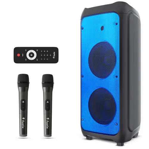 Fuzix Nova Portable Rechargeable Karaoke Bluetooth Party Speaker - 2 Wireless Microphones, Dynamic LED Lights, FM Radio, USB, Micro SD, Remote Control, Battery-Powered Wireless Beat-Sync Karaoke System