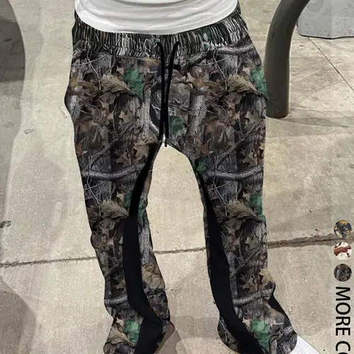 Men's All Over Print Patchwork Drawstring Waist Flare Leg Pants, Casual Fit Drawstrings, Regular Fit Casual Comfy Pocket Trousers for Fall & Winter, Casual Fashion Trousers, Casual Loose Pant, Autumn Casual Pants