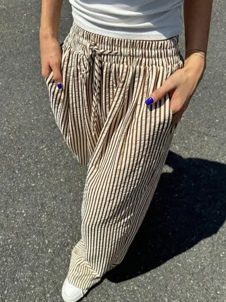 Women's Striped Print Drawstring Waist Wide Leg Pants, Casual Bohemian Trousers, Casual Pocket Trousers for Daily Wear, Ladies Bottoms for All Seasons, High Waist
