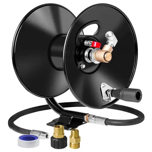 MEKOH 50ft Pressure Washer Hose Reel 4000 PSI Heavy Duty Wall Mounted Metal Reel with Hand Crank for Air Liquid Water Use toolupgrade