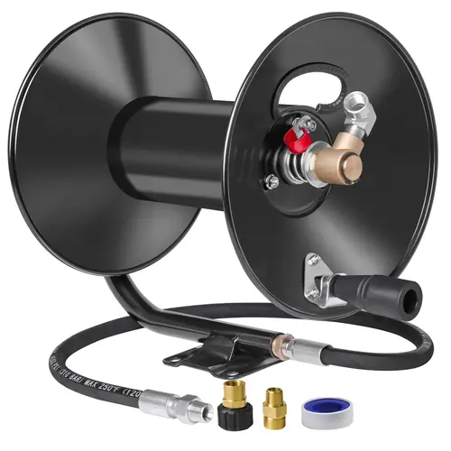 MEKOH 100ft 4000 PSI Heavy Duty Power Washer Hose Reel Wall Mounted Metal Reel with Hand Crank for Air Liquid Water Use