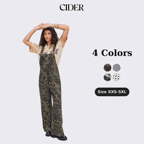 Cider Oversized Denim Leopard Pocket Buckle Up Wide Leg Overall Jumpsuit