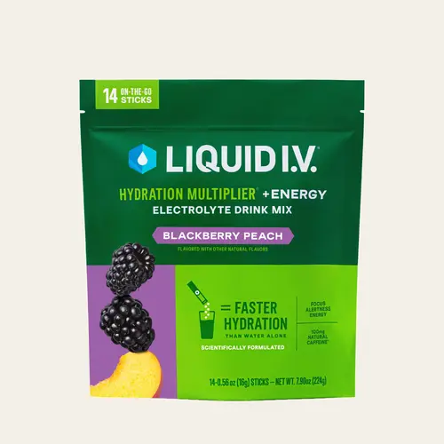 Liquid I.V. Hydration Multiplier +Energy - Blackberry Peach - Hydration Powder Packets | Electrolyte Powder Drink Mix | Convenient Single-Serving Sticks | Includes Approx. 100mg of Natural Caffeine | 1 Pack (14 Servings)​