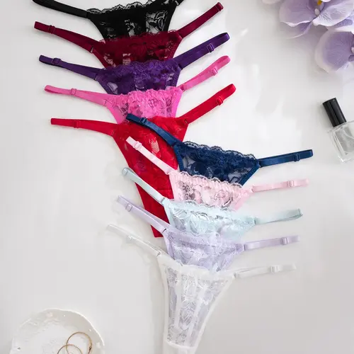 Women's Low Waist Lace Thong Panties, Sexy Fitted Adjustable Stretchy Design, Moderate Fabric Thickness, All Seasons Wear, Pack of 7 or 10 Pieces, Underwear, Drop Waist Panty