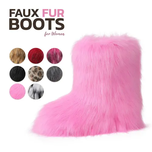 Faux Fur Boots For Women Mid Calf Round Toe Flat Heel Pull On Fluffy Fuzzy Shaggy Cozy Soft Party Home Wear Outdoor Activities Casual Gift Comfortable Cute Fashion Plush Short Boot