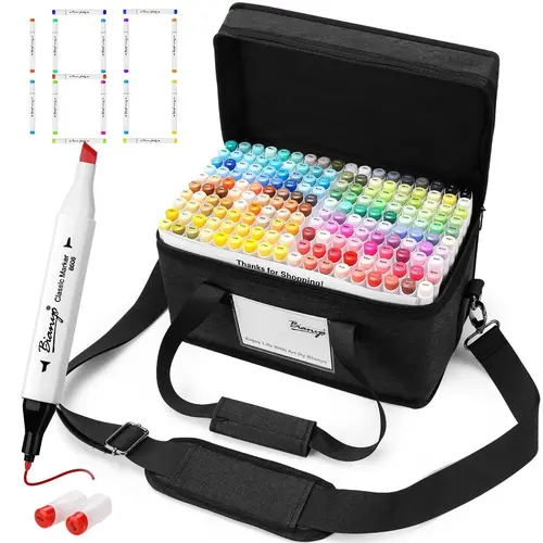 Bianyo Double Ended Writing Pens - 36/72/180-Color Alcohol Markers with Fine & Chisel Tips, Self-Adhesive Labels, Canvas Travel Case, Build Your Own Coloring Book, Multiple Sets, Back-to-School Ready School Supplies for Artists