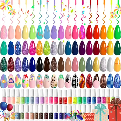 Beetles Gel Liner Nail Art Polish Set 50 Colors Reflective Gold Glitter | Green Pink Red Blue Silver Gel Nail Polish Soak Off UV Built Thin Brush in Bottle Nails Design Rainbow Gift for Women