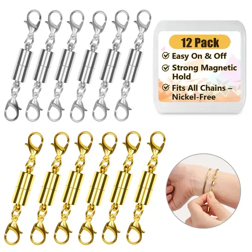 12 Pack Magnetic Necklace Clasps and Closures Necklace Jewelry Extender with Strong Magnet Magnetic Gold and Silver Plating Gift Stainless Steel Charm