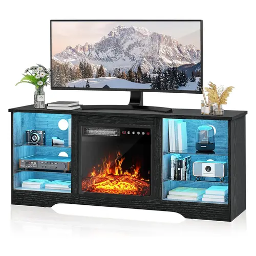 PUKAMI Fireplace TV Stand with 18" Fireplace for Living Room,58" Led Entertainment Center with Fireplace & Storage,Modern TV Console Cabinet for TVs Up to 65" with Adjustable Glass Shelves,dorm essentials,home decor
