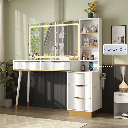 AMERLIFE 54" Tall Makeup Vanity, Vanity Desk Table with 35"W x 24"H Mirror, 5 Drawers, 3 Shelves & Charging Station, Glass Top, Modern Minimal for Home Storage/Interior Bedroom Furniture/Best Gift Ideas/Christmas Gifts[tiktokshopbacktoschool][SohoChic]