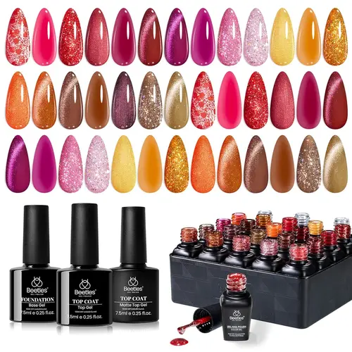 Beetles Fall Gel Nail Polish Set - 20 Glitter Sheer UV LED Soak Off Gels (Red, Orange, Yellow, Golden, Chocolate) with Bling Effect, Nail Art Kit for DIY Manicure, Selfcare Gift for Women, 20 Colors 5Ml Opulent Glow