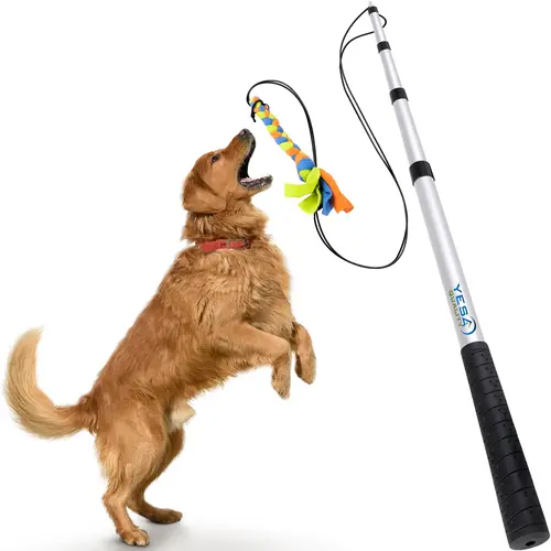YES4QUALITY Metal Dog Flirt Pole - Aluminium Alloy, Durable, Lightweight, Safe for Large Breeds, Non-Bungee Cord Spring Pole with Braided Rope Wobbler, Easy Handling, Exercise Support, Exhausts Fast, Cord Length 46", Max 45", Min 18.5" for Tug-of-War Play