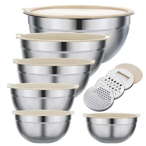Mixing Bowl Set, 6 PCS Stainless Steel Mixing Bowls with 3 Grinder Attachments, Large Capacity Mixing Bowl Kitchen Food Organizer Nesting Mixing Bowls Tableware Durable Multifunction