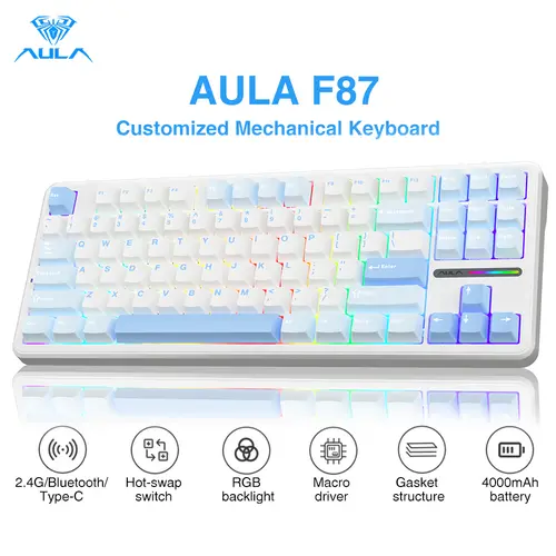 AULA F87 Wireless TKL Mechanical Gasket Mounted Creamy Keyboard - 87-Key, Pre-lubed Greywood Hot Swappable Switches, 2 Extra Pre-lubed Linear Switches, PBT Keycaps, Color Changing RGB Lights, 2.4G/BT/USB-C Connectivity, Keycap Puller, PC Setup Accessory,,