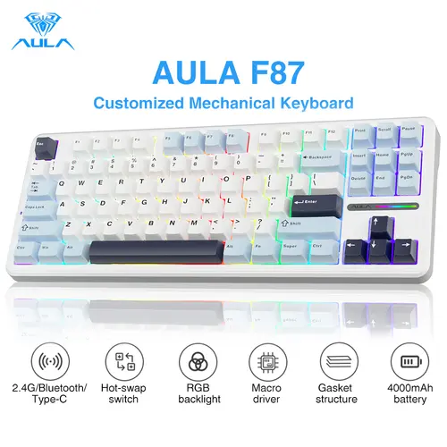 AULA F87 Durable Wireless Mechanical Keyboard - 75% TKL Compact Hot Swappable Gasket Mount Gaming Keyboard with PBT Keycaps, Pre-lubed Greywood Switches, 2.4GHz/USB-C/BT5.0 RGB Backlit for Work from Home, Durable Keyboard