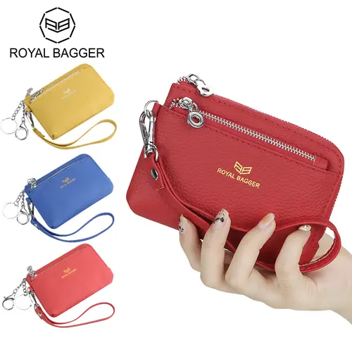 Royal Bagger Women's Minimalist Chic Genuine Leather RFID Coin Purse with Keychain 1903-1, Multi-Zipper Clutch Wallet, Portable Athletic Holiday Wristlet Card Holder with Removable Strap, Wallets for Women, Anti-Theft, Casual