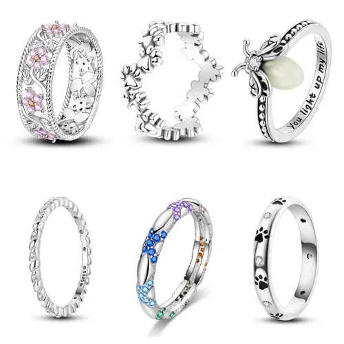 MULA Cubic Zirconia Rings for Women, Stackable S925 Silver-Plated Sparkling Jewelry with Nature-Inspired Paw Print, Butterfly, and Floral Designs - Pet Lover Gift, Elegant Glittering Ring, Meaningful Gifts, Animals, Ring Stack