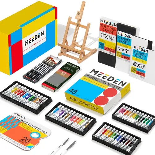 MEEDEN 48-Color Acrylic Paint Set - 68-Piece Art Supplies with Beech Wood Tabletop Easel, 10-Piece Art Brushes, Canvas Set, Portable Box, for Beginners & Artists
