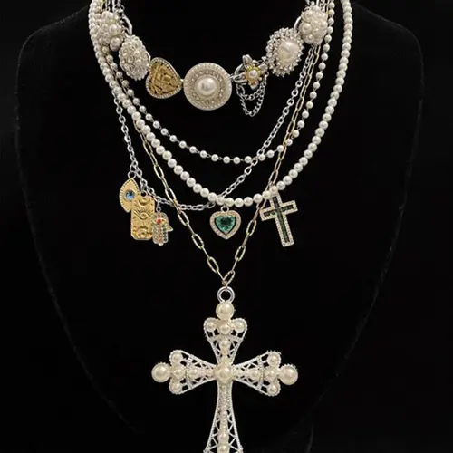 Faux Pearl & Rhinestone Decorated Bling Cross Pendant Necklace, Chic Gorgeous Jewelry, Fashion Jewelry for Party, Daily Clothing Decor, Trendy All-match & Exquisite Jewelry for Birthday Gift, Necklace Set