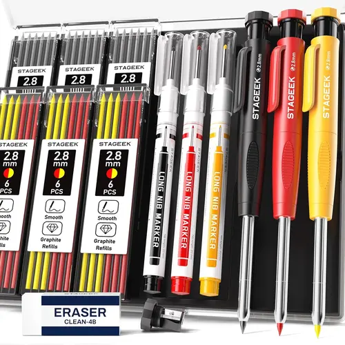 STAGEEK Carpenter Pencils Set with Case, 3PCS Mechanical Carpenter Pencils with 39 Refills, Heavy Duty Construction Pencil with Sharpener, Deep Hole Long Nib Marker Pens for Architect Marking,Preparing for Back to School,back to school shopping