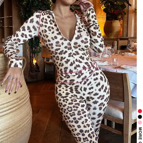 Women's Leopard Print Zipper Crop Top and Pants Two-Piece Set, Casual Fitted Set, Stretchy Long Sleeve Trousers Outfit for Spring and Fall Casual Daily Wear Clothes