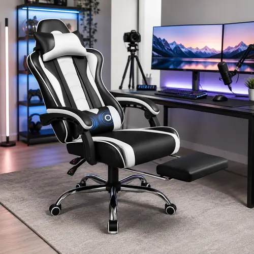 【Massage Function】Yaheetech Ergonomic Gaming Chair with Massage Lumbar Support and Footrest, Swivel Rolling Chair and Headrest,Pu leather Desk Chair Reclining tall gaming,dorm essentials,home decor