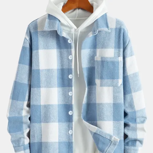 Men's Plaid Print Button Front Jacket without Hoodie, Loose Drop Shoulder Long Sleeve Collar Fashion Casual Outerwear for Fall & Winter, Men's Clothes for Daily Wear