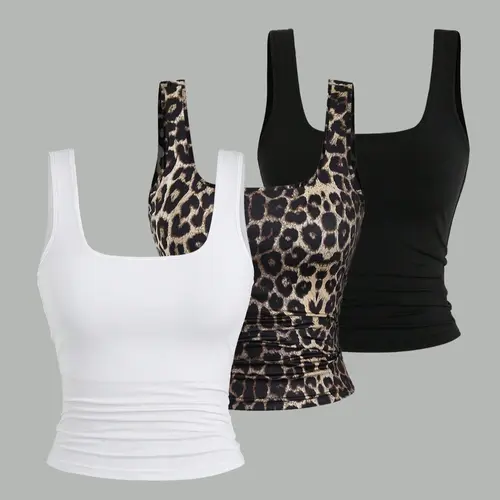 [Plus Size] Basic Plain & Leopard Print Scoop Neck Tank Top, Casual Everyday Sleeveless Knitted Tank Top Fit for Summer, Women's Clothing for Daily Wear, Going Out Tank, Camis