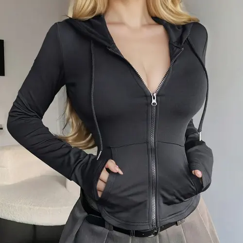 Women's Solid Color Drawstring Zip Up Hoodie, Casual Long Sleeve Pocket Hooded Sweatshirt for Spring & Fall, Women's Clothes for Daily Wear