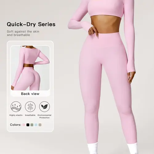 Two-piece Set, Activewear Workout Set, Women's Solid Long Sleeve Crop Top & High Waist Leggings Tracksuit Set, Sporty Breathable Comfy Quick-dry Outfits for Yoga Gym Workout Running, Ladies Sportswear for All Seasons