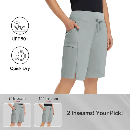 baleaf Women's Curvy Fit Bermuda Shorts, 9"/11" Long Nylon Cargo Shorts for Hiking with 4 Zipper Pockets, UPF 50 Quick Dry, Long Shorts, Female