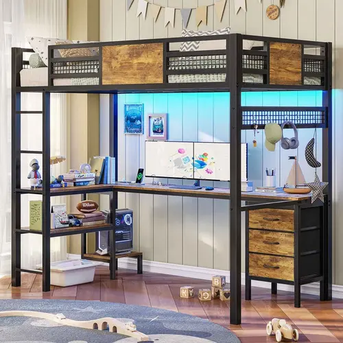 Sikaic Twin Size Metal Loft Bed with L-Shaped Desk, LED Lights & Charging Station, Loft Bed Frame with Storage Drawers and Shelves, Space-Saving Kids Teen Bed for Bedroom DealsForYouDays Summerwins