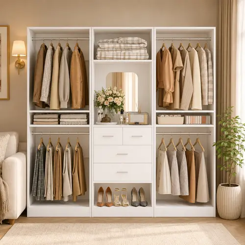 Modular Wood Closet System, Modern Clothes Armoire Walk-in Closet Organizer Wardrobe Cabinet with Drawers and Adjustable Shelves for Bedroom Furniture,dorm essentials,home decor