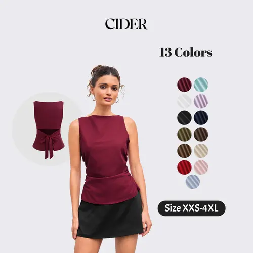 Cider Boat Neckline Solid Bowknot Tank Top, Breathable Linen-Blend Relaxed Fit Sleeveless Blouse, Ladies Lightweight Bow Detail Tops, Urban Chic Summer Fashion, Casual Stretch-Waist Tops