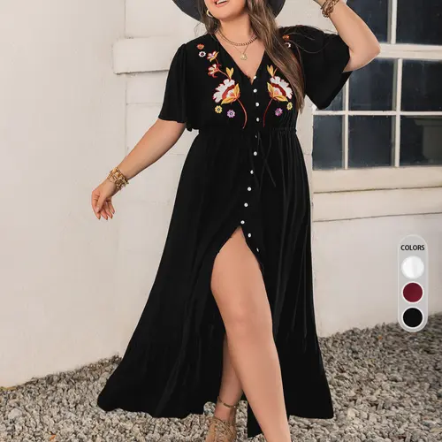 [Plus Size] Floral Embroidery Button Front Split Hem Boho Shirt Dress, Casual Butterfly Sleeve V-Neck A-Line Dress for Daily Wear, Women's Fall Boho Style, Summer