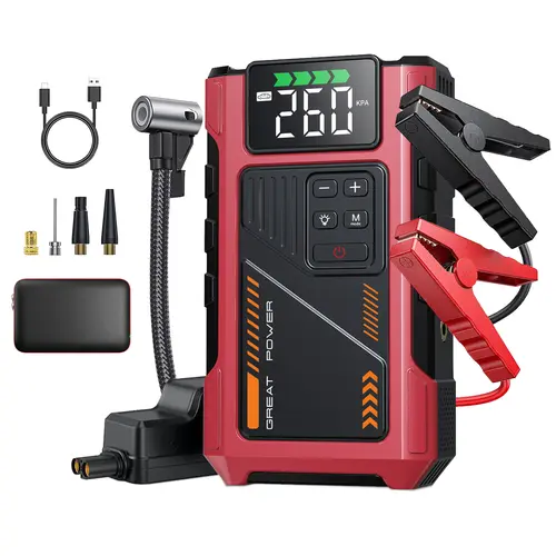 Geeneu 5000A 12V Car Battery Jump Starter with 150PSI Air Compressor, Car Accessory for 8.5L Gas/7.0L Compression Ignition Engines, Portable Jump Box with Jumper Cables, LCD Display, Flashlight + SOS
