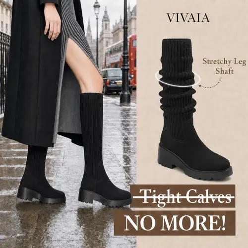 VIVAIA Women's Eduarda Knee-High Platform Boots, Walkable Chunky Wedge Heel in Stretchy, Water-Repellent Wool, Shoe, Platform Heels, Walking Shoes, Casual Shoes,back to school,back to school haul