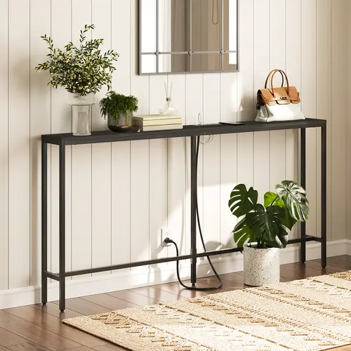 MAHANCRIS 63" Multifunctional Console Table with Power Outlets, USB Ports - Space-Saving Indoor Furniture for Living Room, Living Room Tables