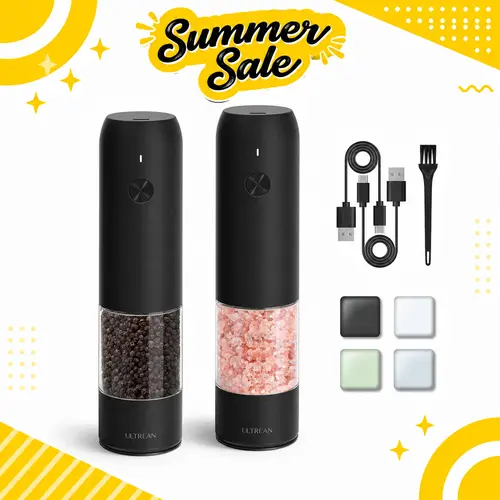 Ultrean Sturdy Rechargeable Salt and Pepper Grinder Set (2-Piece) - Kitchenware Seasoning Utensils with 6 Adjustable Coarseness, LED Light, Automatic Operation for Home, Birthday Gifts for Women, Black