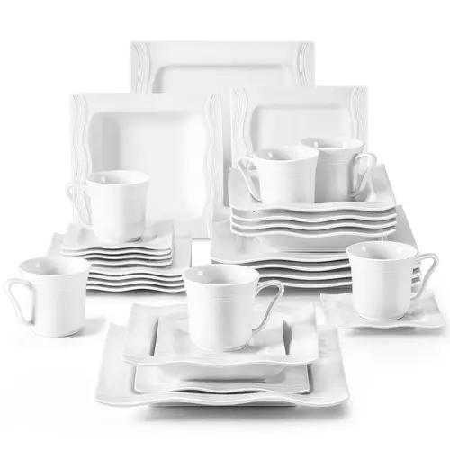 MALACASA Mario Series Ivory White Ceramic Dinnerware Set, 28/30-Piece Square Tableware for 6 - Includes Plates (Dinner, Dessert, Soup), Cups & Saucers, Microwave Reheatable, Elegant for Weddings, Housewarming & Formal Events
