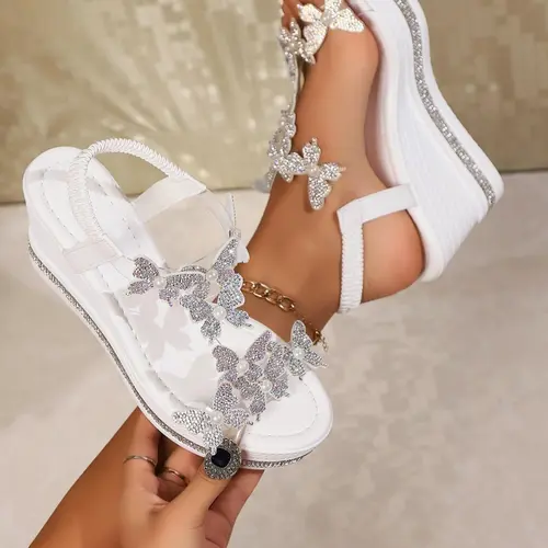 Women's Fashionable Rhinestone Butterfly Wedge Sandals, Elegant Slip-On Sandals for Parties and Everyday Wear Footwear Classy Sandal