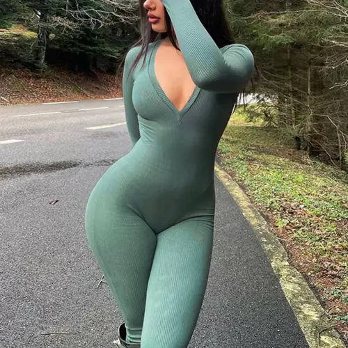 Women's Solid Color Deep V Neck Ribbed Jumpsuit, Casual Comfy Long Sleeve Skinny Jumpsuit, Bodycon Jumpsuit for Spring & Fall, Women's Clothes for Daily Wear, Casual Fashion Jumpsuit
