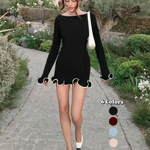 Women's Elegant Long Sleeve Colorblock Knit Bodycon Dress, Spring & Fall Fashion A-Line Skirt, Contrast Binding Design Elegance