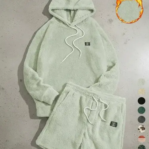Two-piece Set Men's Letter Patch Drop Shoulder Long Sleeve Knit Thick Fabric Hoodie & Drawstring Waist Shorts Set, Casual Fashion Cozy Regular Fit Outfits, Daily/Outdoor Wear, Men's Clothes for Fall & Winter, Matching Sets