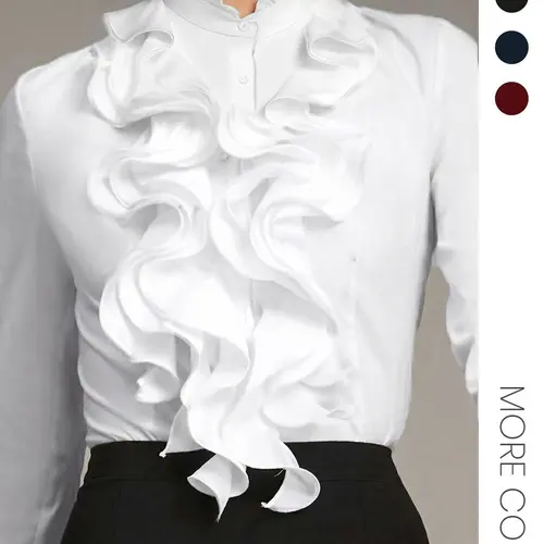 Women's Plain Ruffle Trim Button Front Button Up Blouse Shirt, Elegant Feminine Chic Fitted Long Sleeve Stand Collar Top for Work Office Business, Womenswear Lady Women's Clothing for Fall & Winter